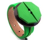 Green Leather Cuff Bracelet with Vintage Buttons and Adjustable Elastic Closure, Eco-Friendly, Women, OOAK, by Greenbelts