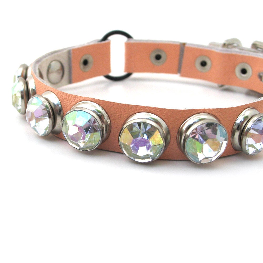 Leather Cat Collar in Pale Peach with Large Rhinestones, Size XS, to fit a 7-9in Neck, Eco-Friendly, OOAK