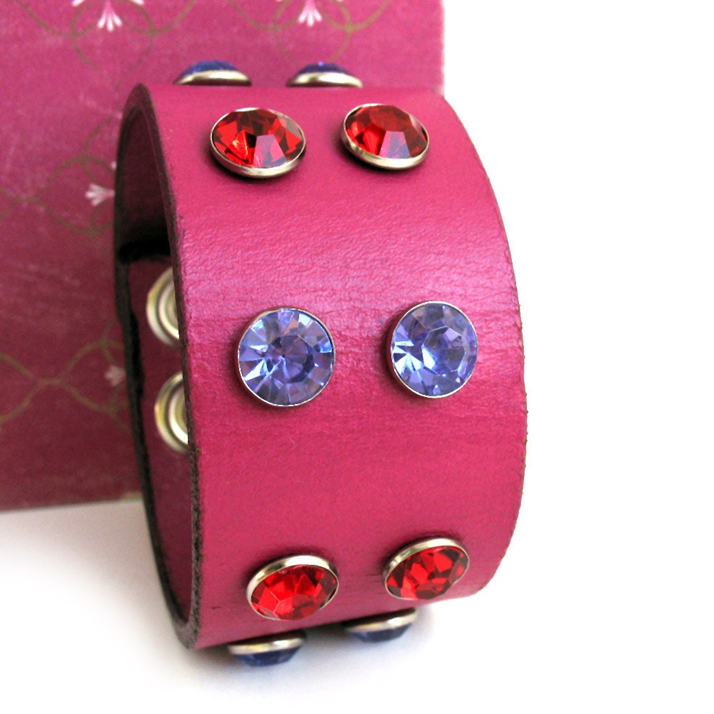Leather Cuff Bracelet with Giant Crystals, Eco Friendly, Women, Purple Red Violet, OOAK