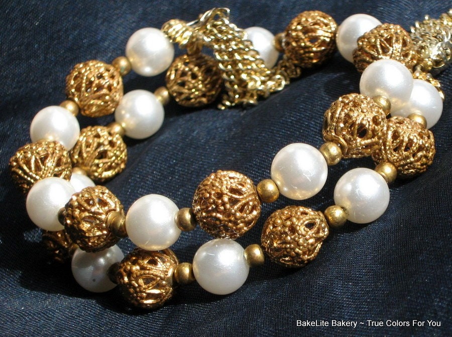 PearLs Vintage Bracelet Wrap Bangle Wedding Dangling Tassel Mad Men Bold Filigree Beads Mid Century Hollywood