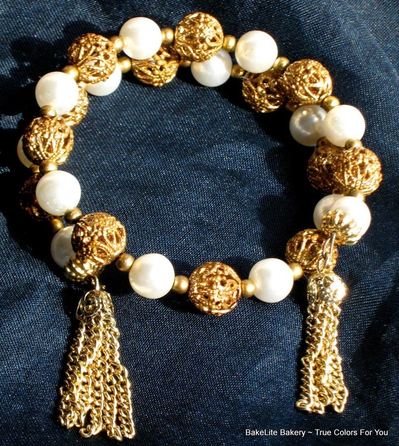 PearLs Vintage Bracelet Wrap Bangle Wedding Dangling Tassel Mad Men Bold Filigree Beads Mid Century Hollywood
