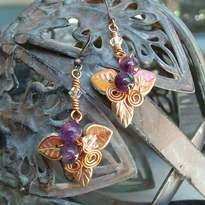 Art Nouveau Flame Amethyst and Copper Earrings