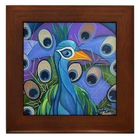 Blue Peacock Framed Ceramic Tile - Art Deco Cubist Design by Kristen Stein
