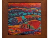 Fauvist Tuscany Colorful Red Landscape Framed Ceramic Art Tile by Kristen Stein