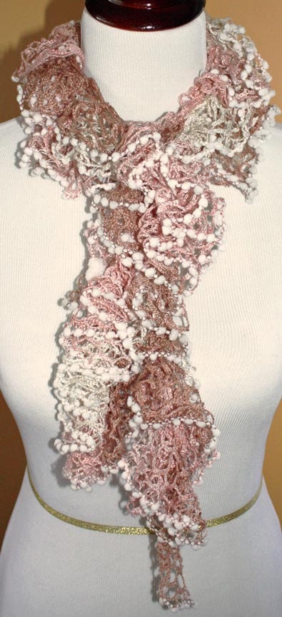 ON SALE Pink, white, rose - Romantic and Delicate - Fun Flirty Frilly Crochet Ruffled Scarf  Long and versatile