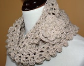 ON SALE Winter White - Romantic Crochet Cowl Neckwarmer with Rosette - Long for double-wrap