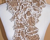 ON SALE White and Pale Gold - Romantic and Delicate - Fun Flirty Frilly Crochet Ruffled Scarf  Long and versatile