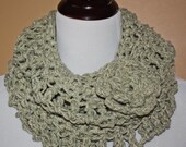 ON SALE Soft Green - Romantic Crochet Cowl Neckwarmer with Rosette - Long and versatile