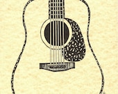 Vintage Dreadnought Acoustic Guitar Fine Art Print, Pen n ink Illustration, Music, Drawing
