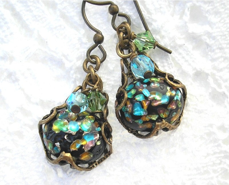 Vintage Aqua Blue and Green Glass Opal Earrings