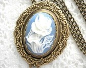 Blue and White Floral Cameo Brooch with Pendant Adapter and Chain
