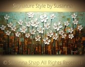 ORIGINAL Large Abstract Contemporary Textured White Flowers Landscape Painting Modern Palette Knife by Susanna Ready to Hang 48x24