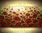 ORIGINAL Large Abstract Olive Green Red Poppies Impasto Landscape Oil Painting by Susanna 48x24 Ready to Hang