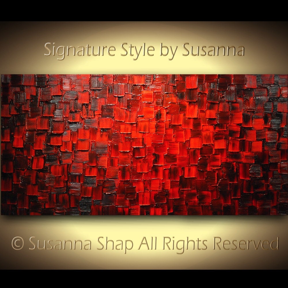 Original Large Abstract Fine Art on Canvas Textured Red Modern Palette Knife Painting Ready to Hang 48x24 by Susanna