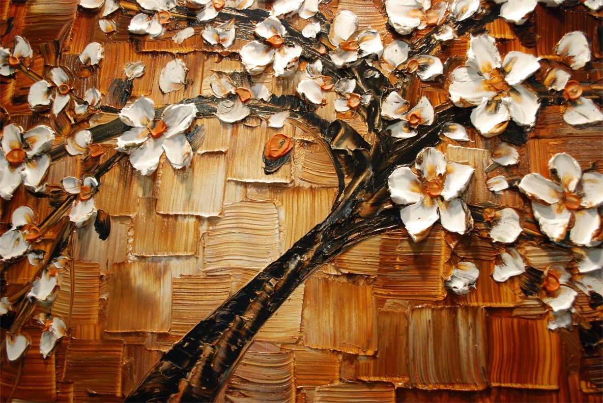 ORIGINAL Abstract Tree Brown White Cherry Blossom Impasto Landscape Textured Modern Palette Knife Oil Painting Ready to Hang 36x24