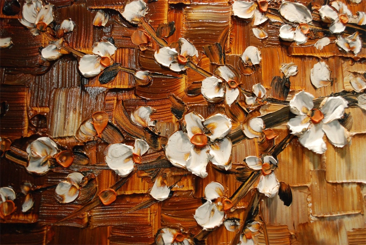 ORIGINAL Abstract Tree Brown White Cherry Blossom Impasto Landscape Textured Modern Palette Knife Oil Painting Ready to Hang 36x24