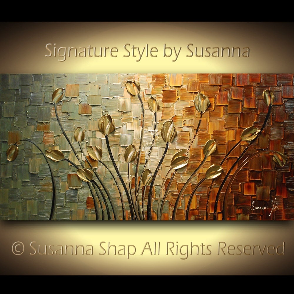 ORIGINAL Abstract Contemporary Heavy Texture Brown Blue Gold Tulips Painting Palette Knife Impasto Landscape by Susanna 48x24 Ready to Hang
