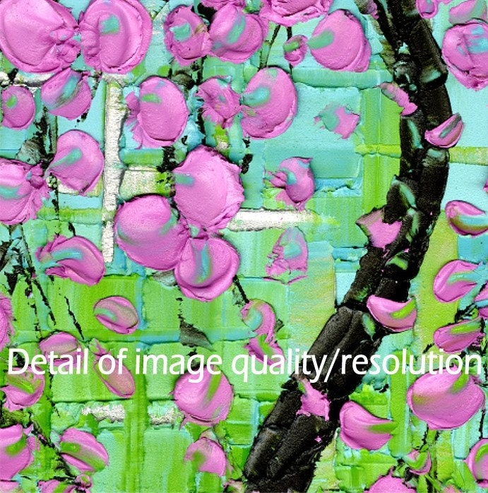 Large Modern pink cherry blossoms tree on green turquoise- by Susanna 24x36 FINE ART PRINT