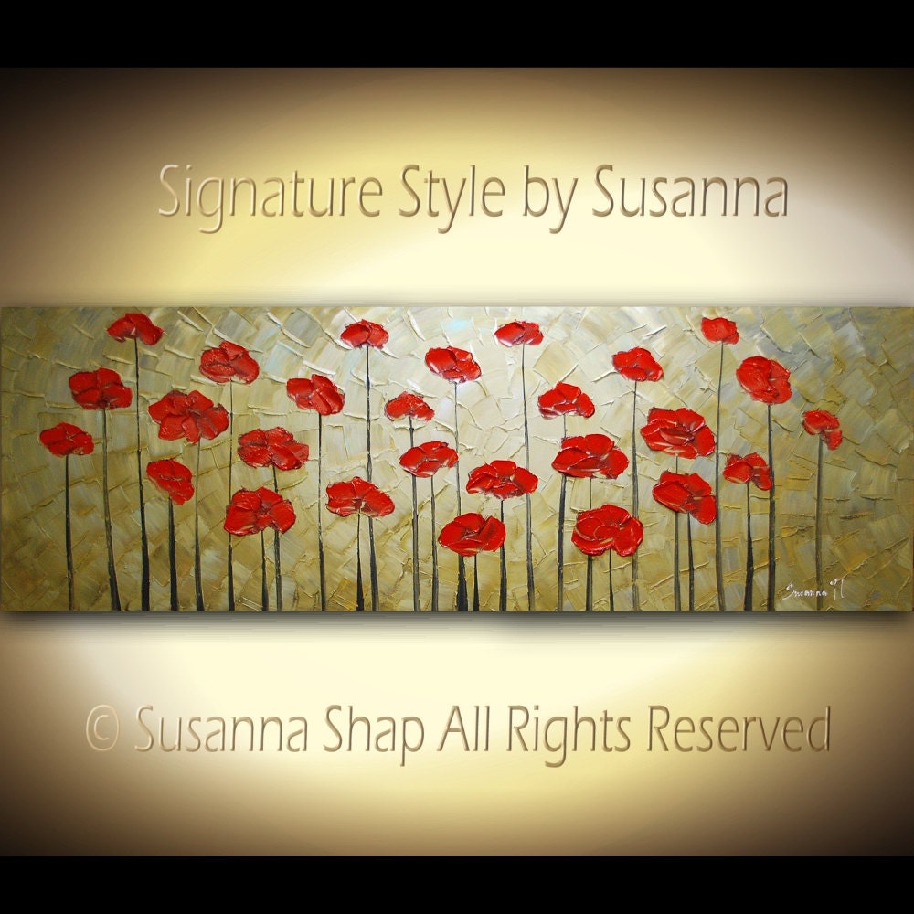 ORIGINAL HUGE 60x20 Ready to Hang Abstract Contemporary Brown Red Poppies Impasto Landscape Thick Texture Modern Palette Knife Painting