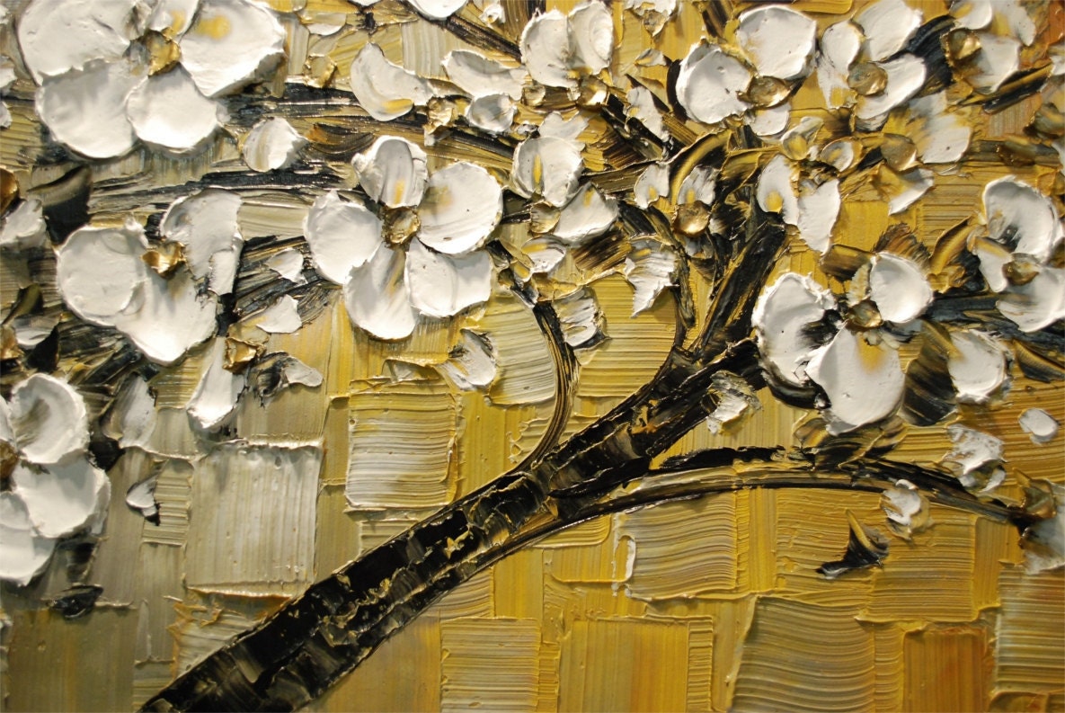 ORIGINAL Abstract Contemporary Weeping White Cherry Blossom Tree Painting Thick Texture Ready to Hang Gallery Canvas 48x24 by Susanna