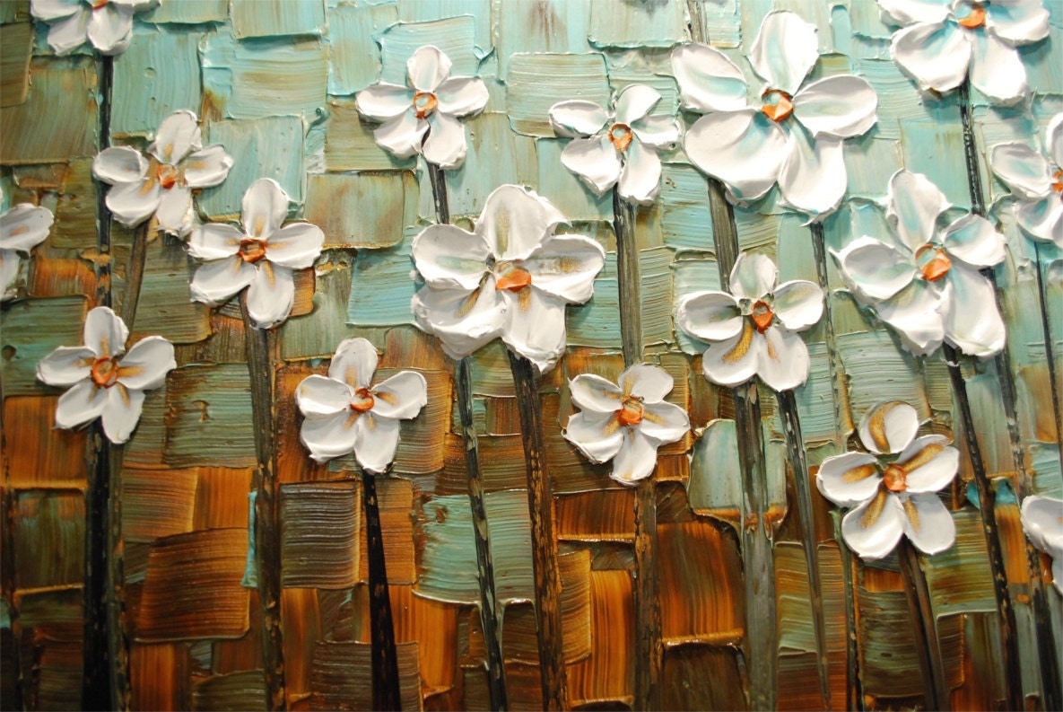 ORIGINAL Large Abstract Contemporary Textured White Flowers Landscape Painting Modern Palette Knife by Susanna Ready to Hang 48x24