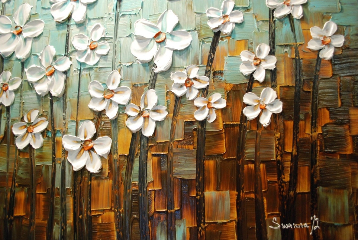 ORIGINAL Large Abstract Contemporary Textured White Flowers Landscape Painting Modern Palette Knife by Susanna Ready to Hang 48x24