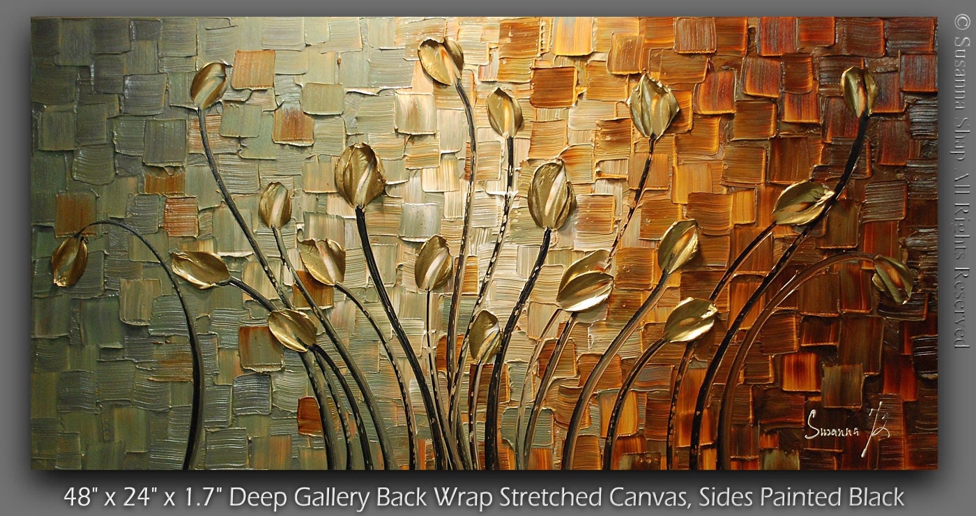 ORIGINAL Abstract Contemporary Heavy Texture Brown Blue Gold Tulips Painting Palette Knife Impasto Landscape by Susanna 48x24 Ready to Hang