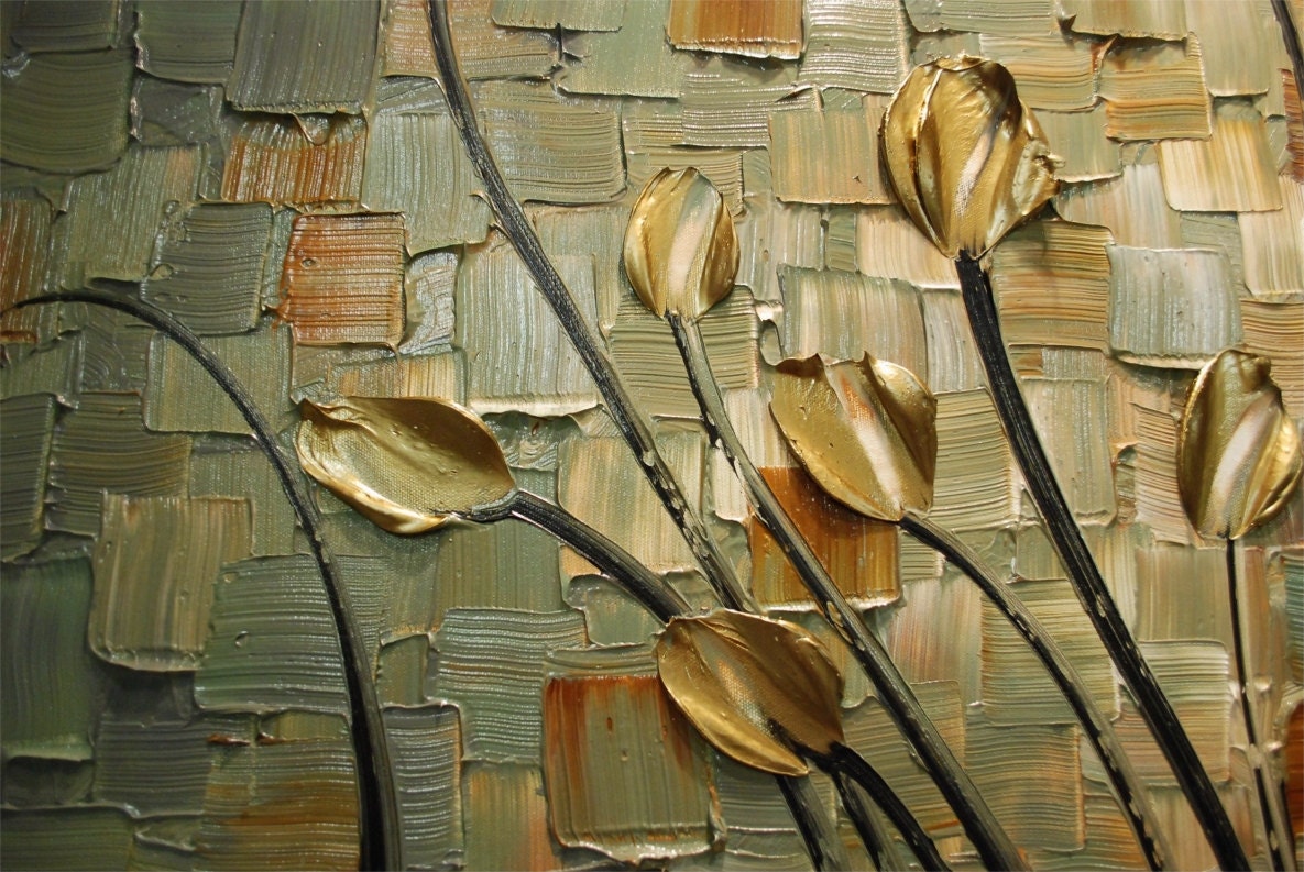 ORIGINAL Abstract Contemporary Heavy Texture Brown Blue Gold Tulips Painting Palette Knife Impasto Landscape by Susanna 48x24 Ready to Hang