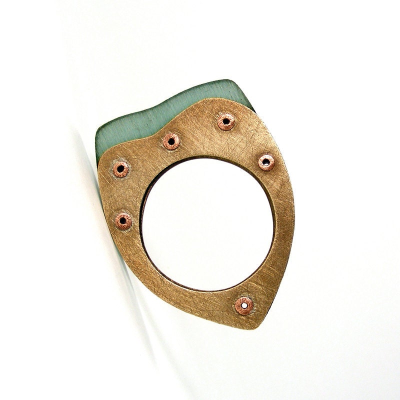 Oxidized Bronze and Aqua Resin Riveted Ring - Cascade