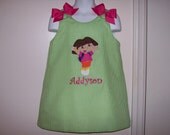 Lime Green Gingham DORA Applique Monogram Dress starting at size 6 mo going up to to size  6X
