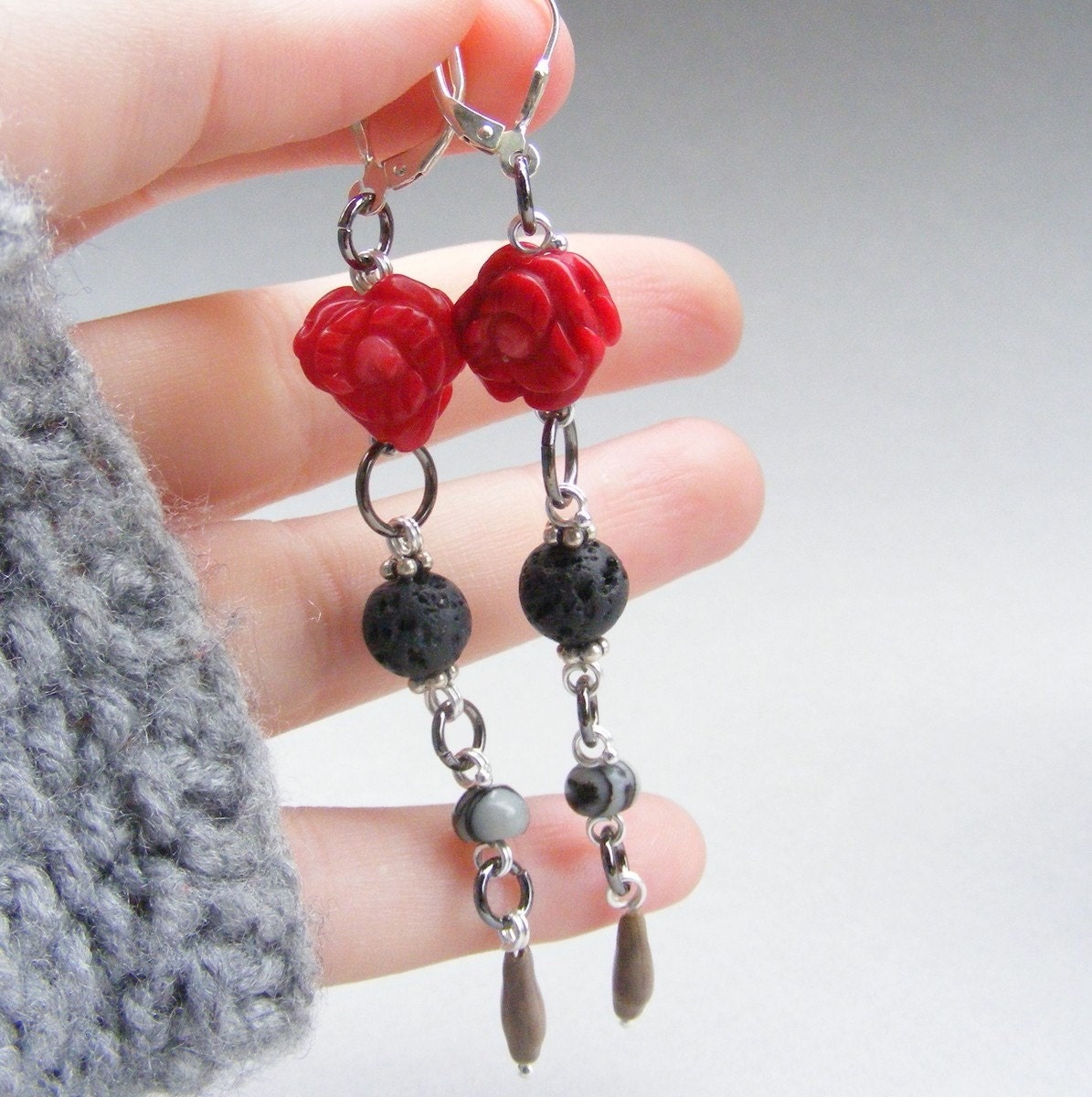 Thai Seed Earrings with Coral, Lava Rock, Jasper and Thai seed