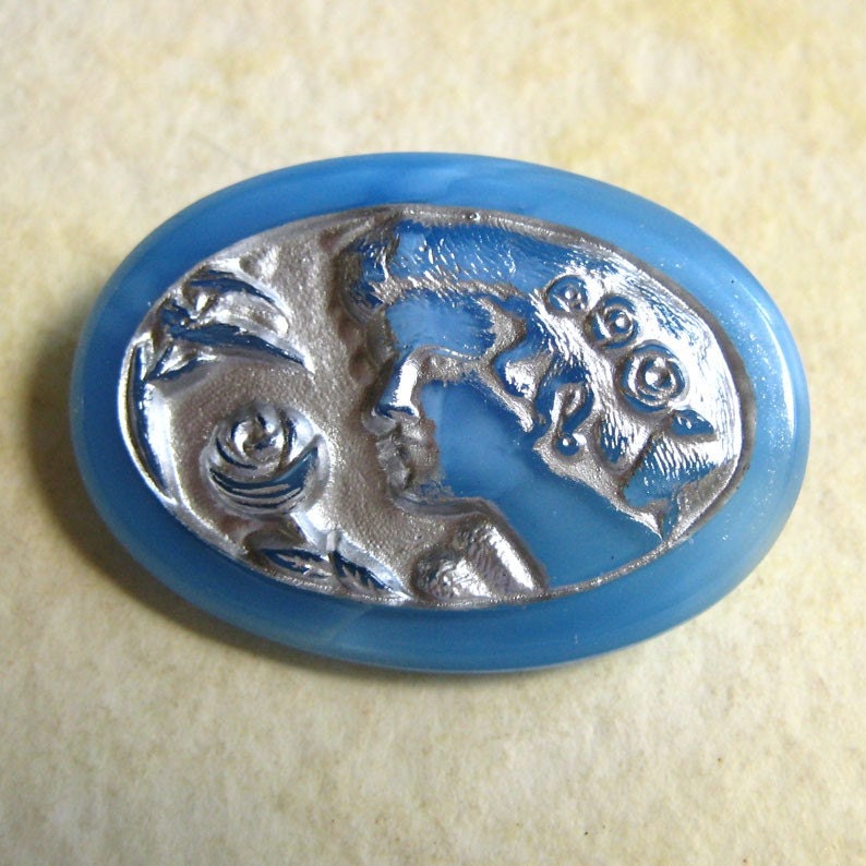 Large Czech Glass Button - Blue Nouveau Lady