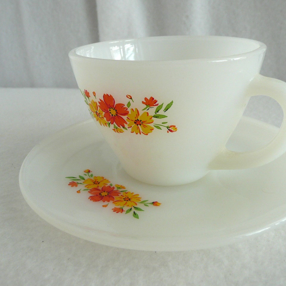 Fire King Red and Yellow Pansies Cup and Saucer