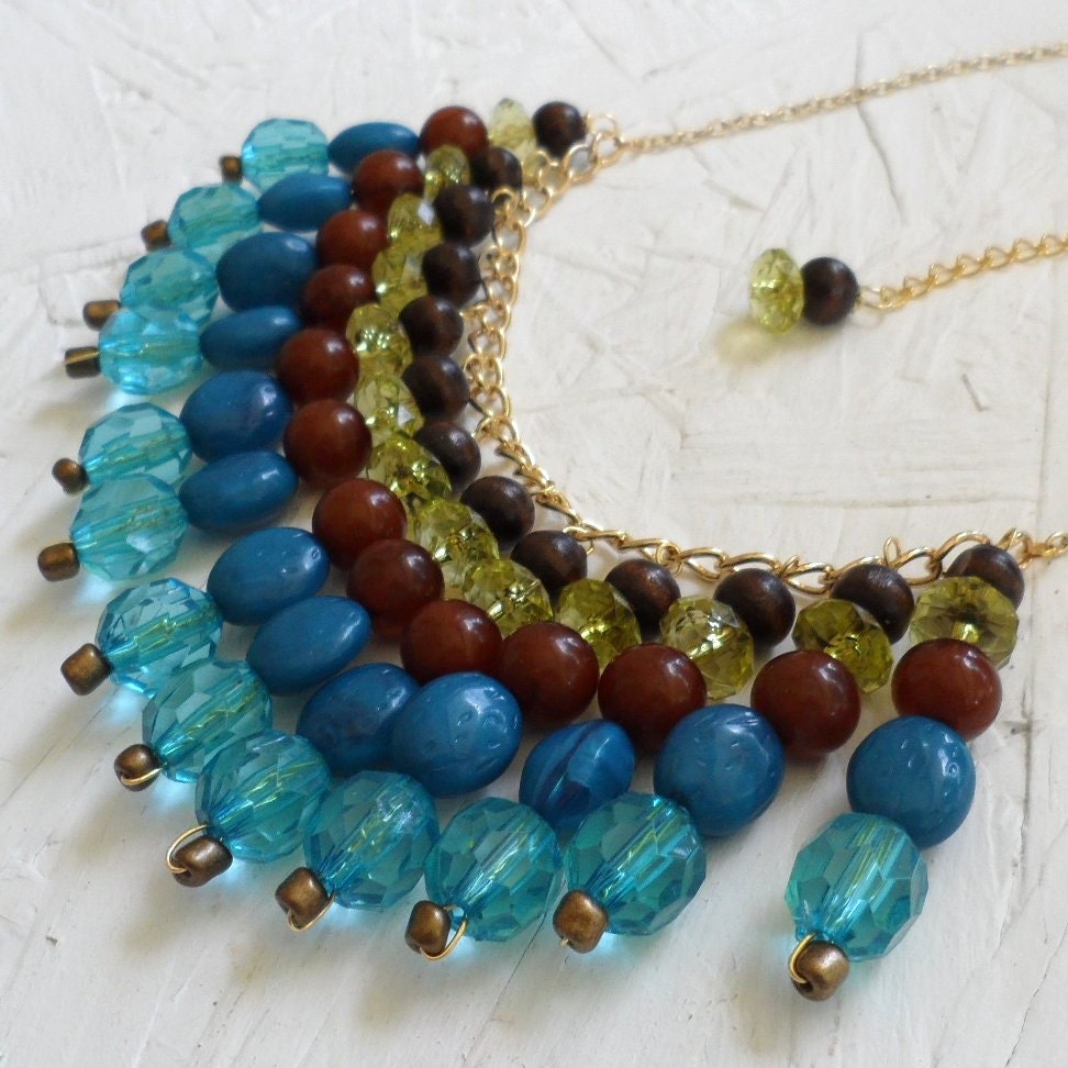 Aqua Brown and Lime Bib Necklace