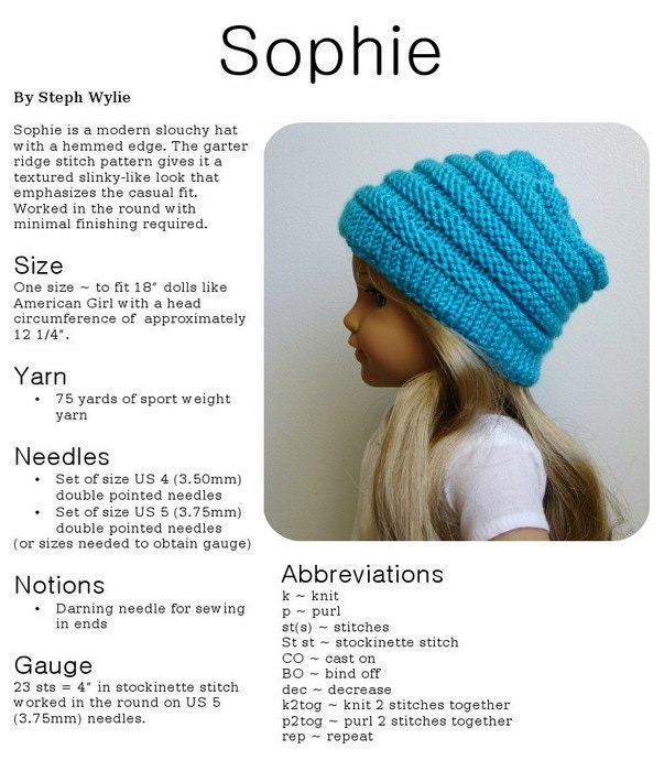 Sophie - PDF Knitting Pattern For 18" American Girl Doll Slouchy Hat - Doll Clothes Pattern - Instant Download