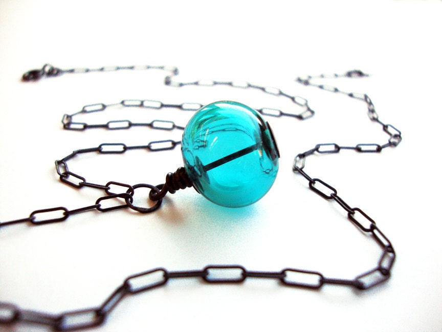 Blown Glass Bead Necklace, Clear Hollow Glass Ball Sterling Silver, Colored Glass Bead Necklace, TEAL color - Fisherman Foat Necklace