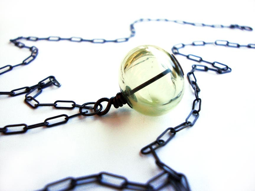 Blown Glass Bead Necklace, Clear Hollow Glass Ball Sterling Silver, Colored Glass Bead Necklace, Sage Green - Fisherman Foat Necklace