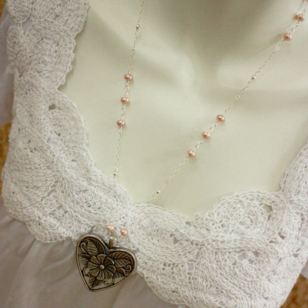 Silver Heart Pink Pearl Necklace