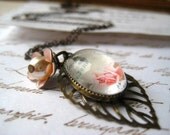 charm necklace vintage glass cabochon brass leaf vintage enamel flower womens jewelry