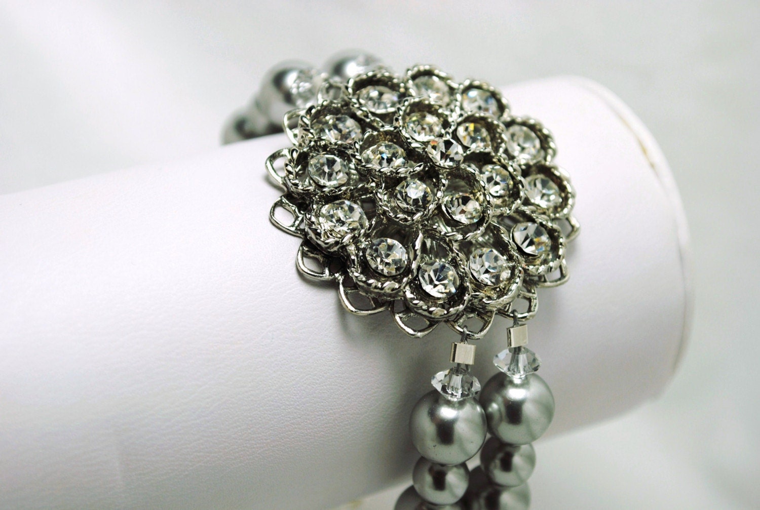 Brooch Bridal Bracelet, Light Grey Swarovski Pearls, Crystals, Wedding Jewelry, Handmade, Clemence B239B10