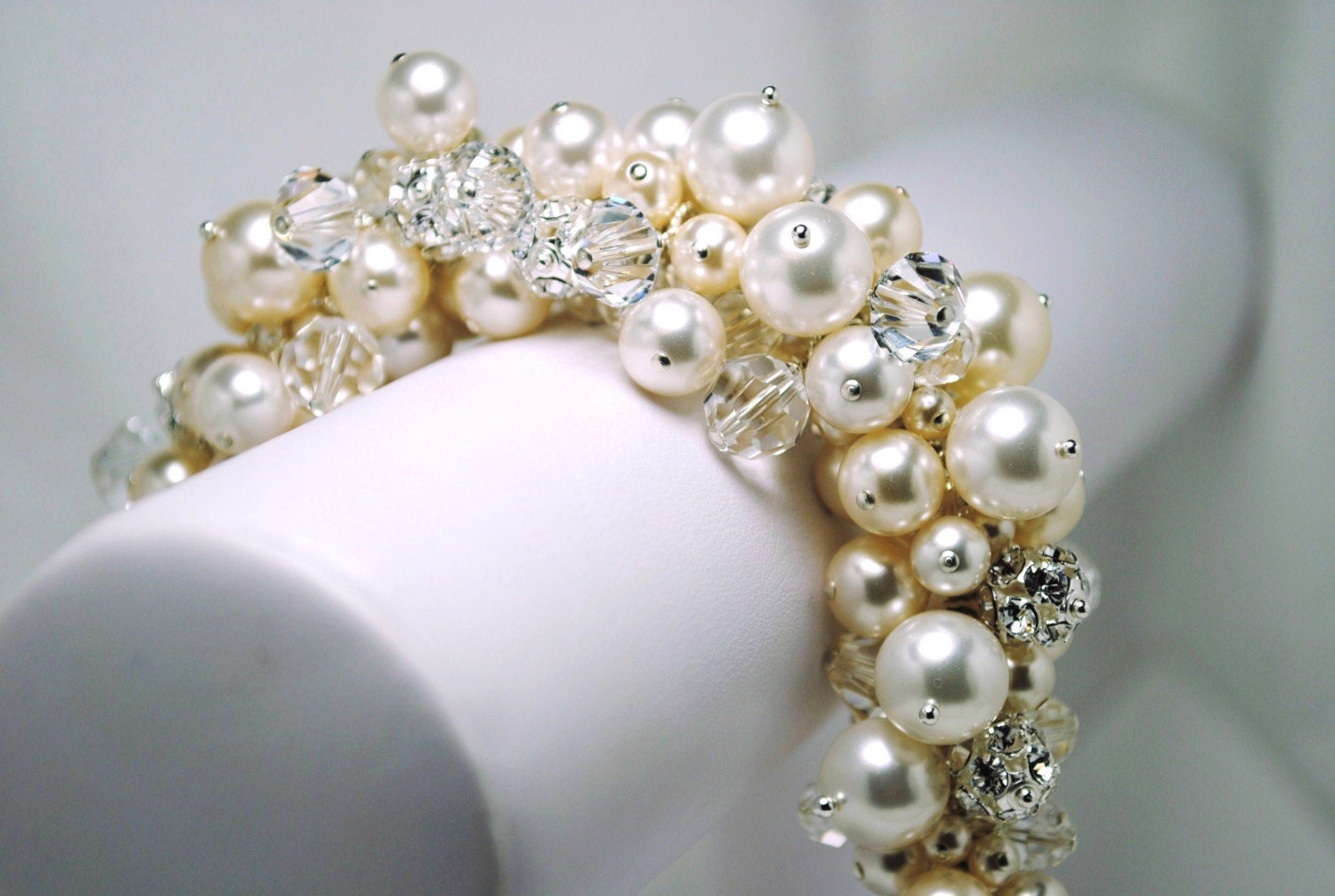 Pearl Cluster Bridal Bracelet, Swarovski Pearls and Crystals Bridal Jewelry, Rhinestone Fireballs, Thick Wedding Bracelet