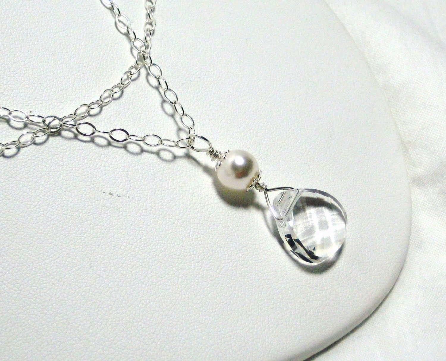 Bridal Crystal Necklace, Briolette Pearl Pendant Wedding Necklace, Double Strand Sterling Silver Necklace, Bridesmaids Jewelry, Doris