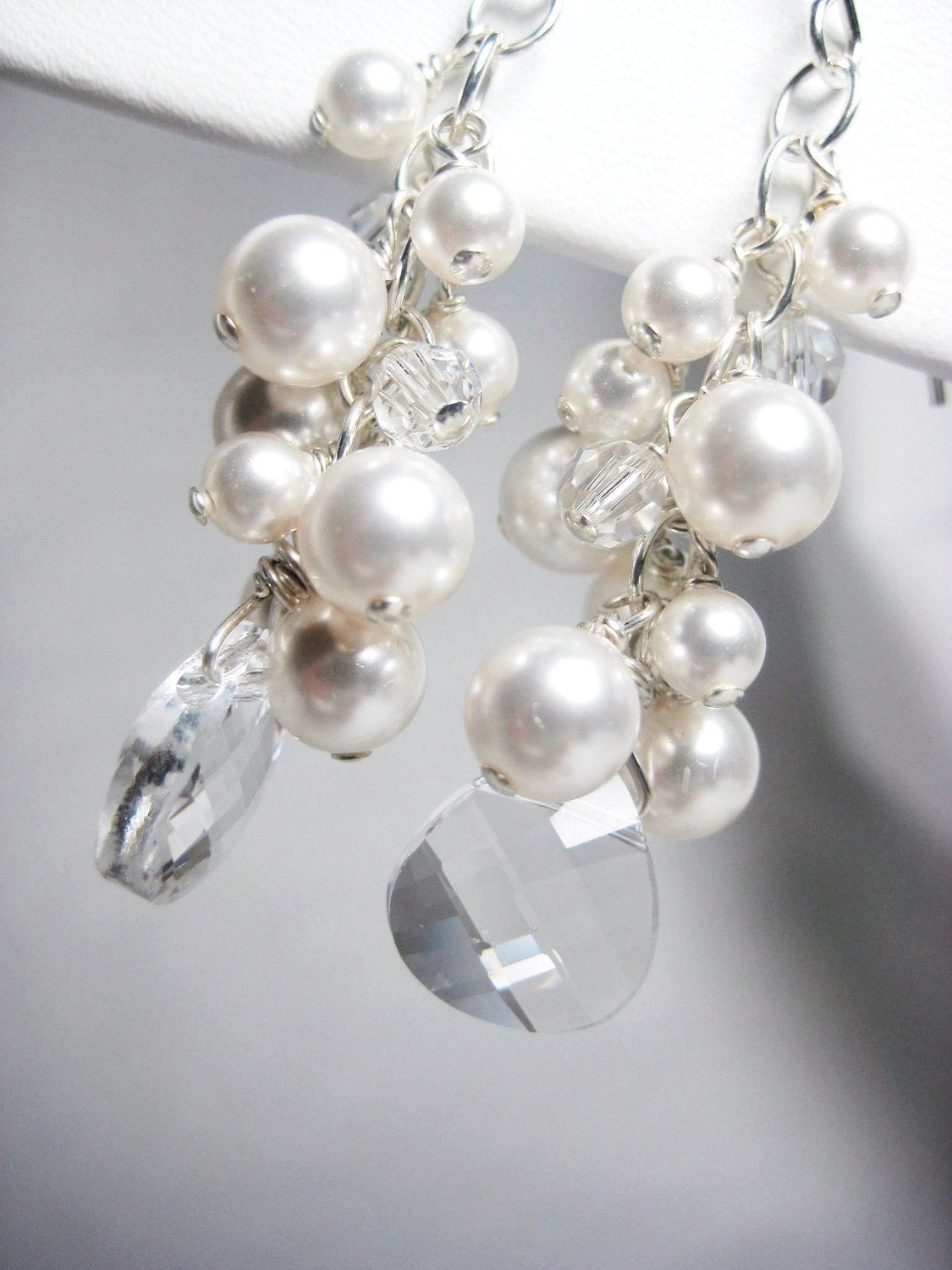 White Pearl Cluster Earrings, Bridal Jewelry, Swarovski Dangle Wedding Elegant Handmade Jewelry, AnneMarie E253B09WH