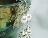 Filigree Bridal Earrings, Handmade Wedding Swarovski White Pearl Crystal Plated Silver E263B09