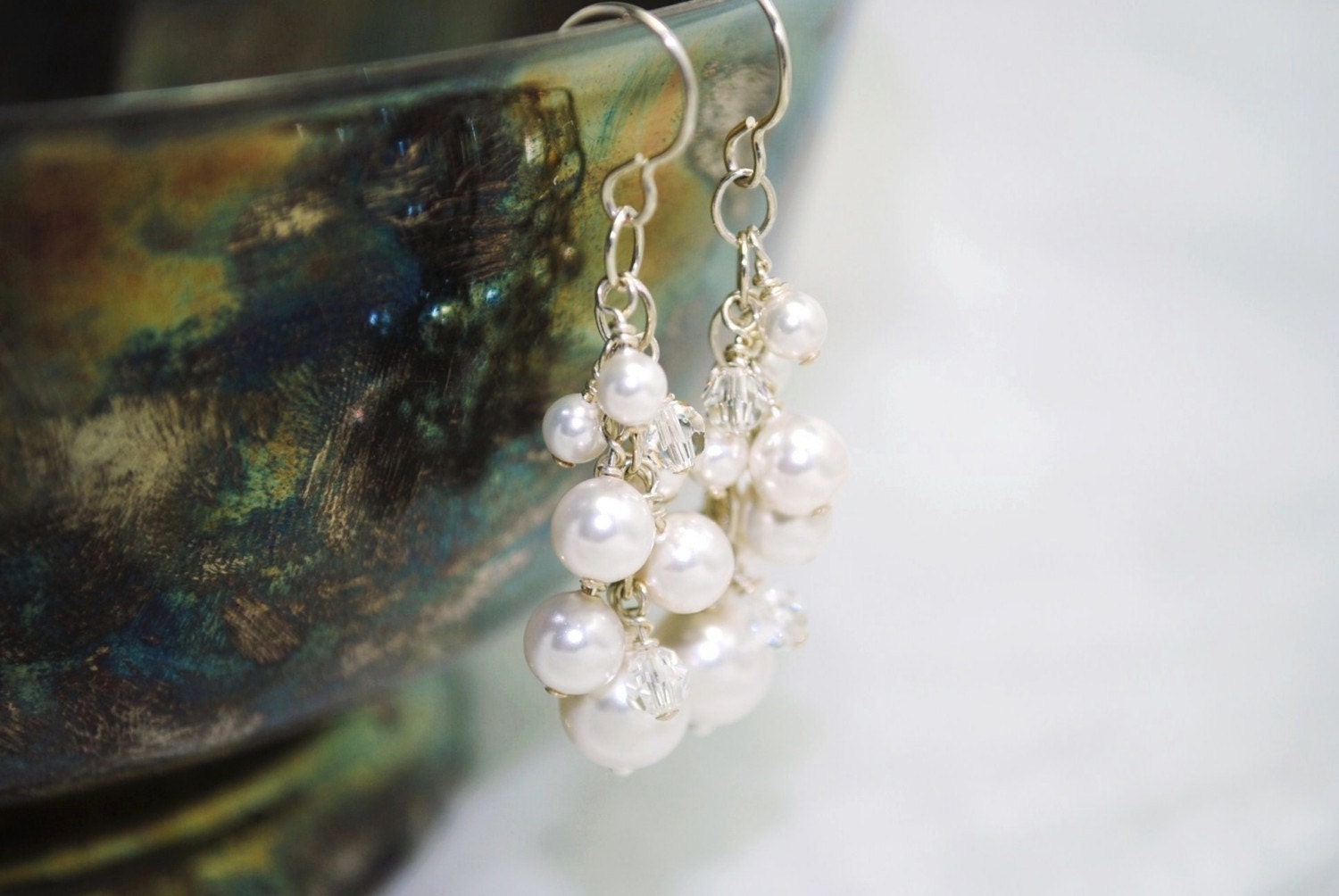 Bridal Earrings, White Pearl Crystal Cluster Earrings, Dangle Bridal Jewelry, Wedding Jewelry, Amber E240