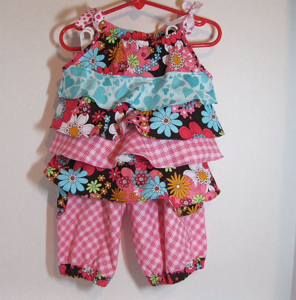 Toddler Ruffled Top and Pocket Pants Michael Miller Peace Flowers Cocoa