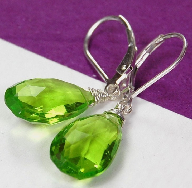 Green Peridot Earrings, Wire Wrapped Briolettes on Sterling Silver Leverbacks, Bridesmaids, August Birthday