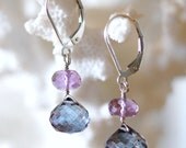Purple Blue Earrings, Amethyst, Quartz Gemstones Sterling Silver Wire Wrapped on Leverbacks