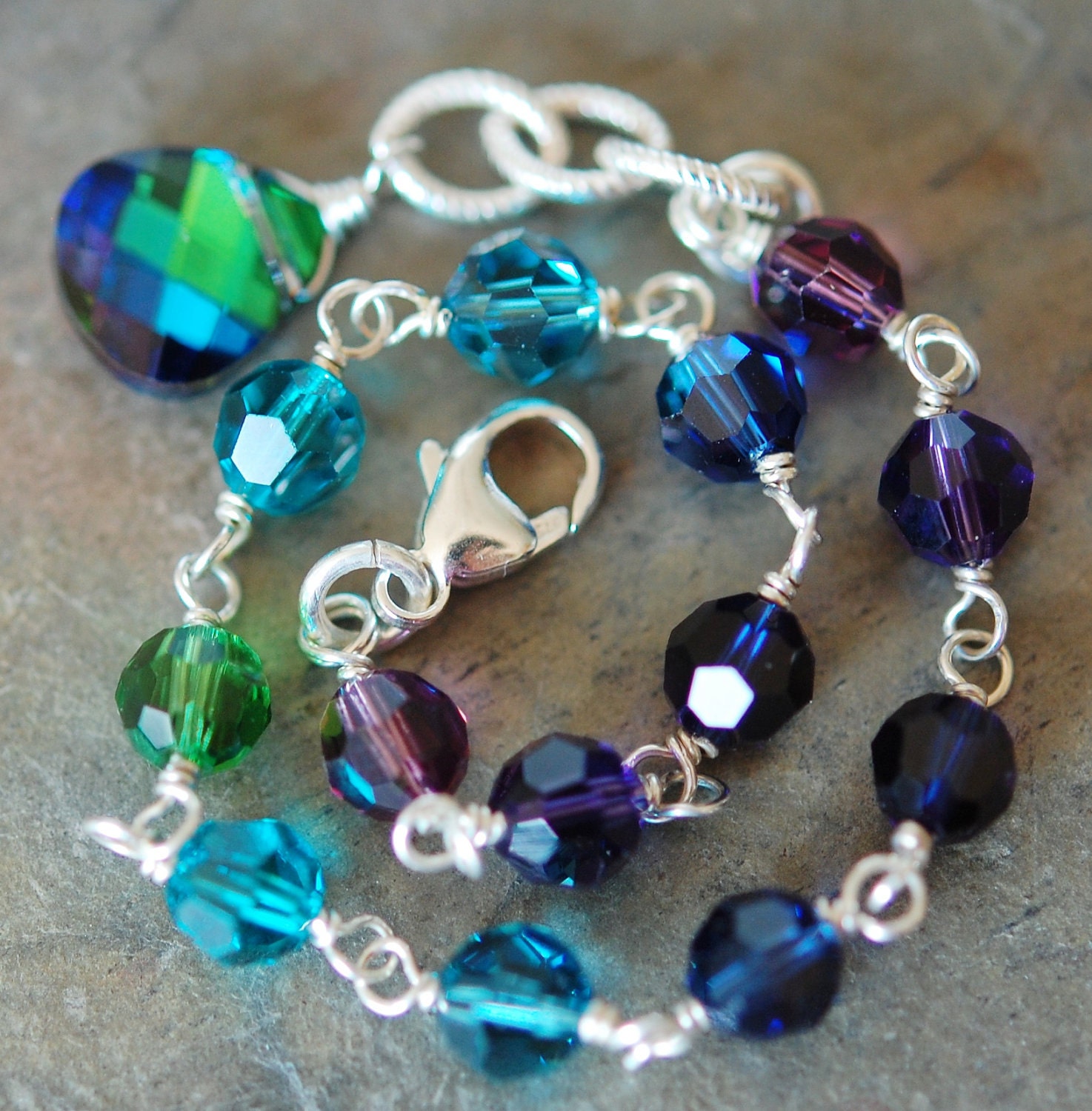 Peacock Bracelet, Swarovski Crystal Sterling Silver, Adjustable, Bridesmaid Gift, Blue Purple Green Teal