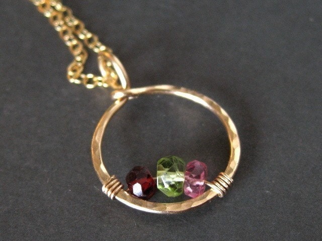mothers birthstone necklace CIRCLE OF LOVE - 14K gold filled, genuine gemstone,customized 3 stones